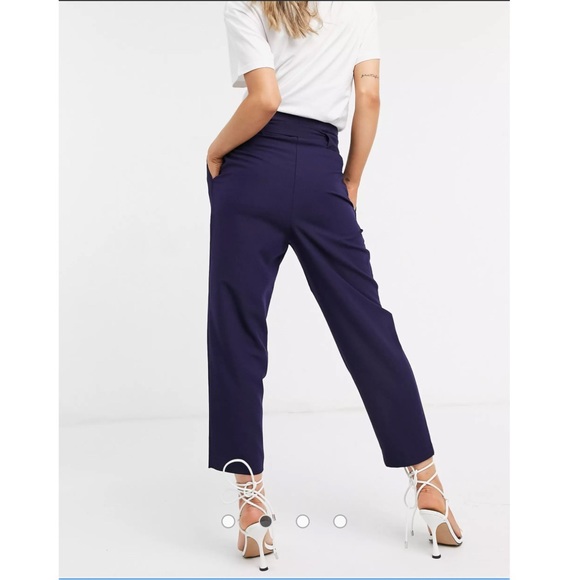 Express Pants Women Tie Waist Tapered Ankle Stretch High Rise Navy 2 Extra Small - Picture 2 of 10